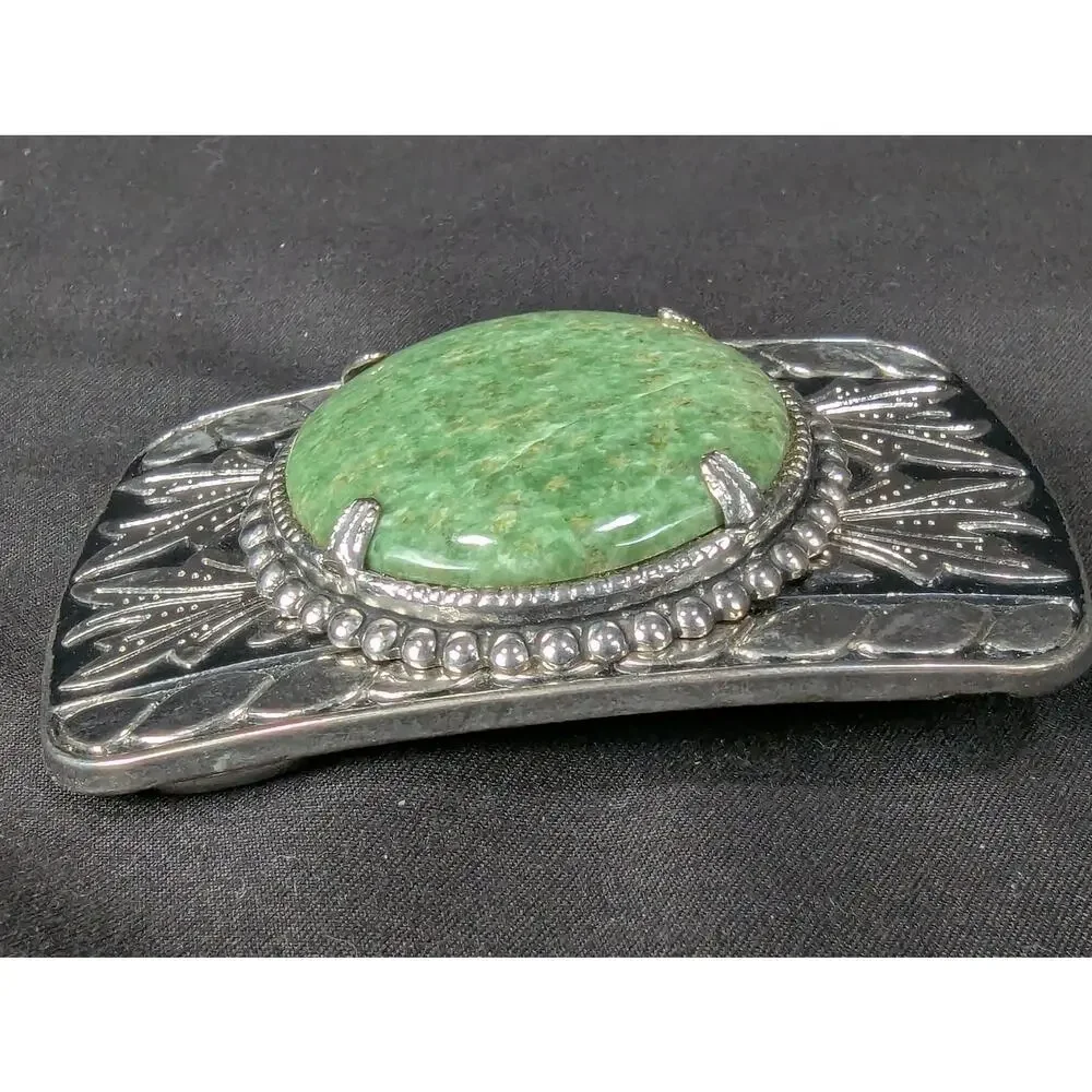 Vintage Western Style Belt Buckle Green Stone Cabochon Leaf Motif Women Acces...